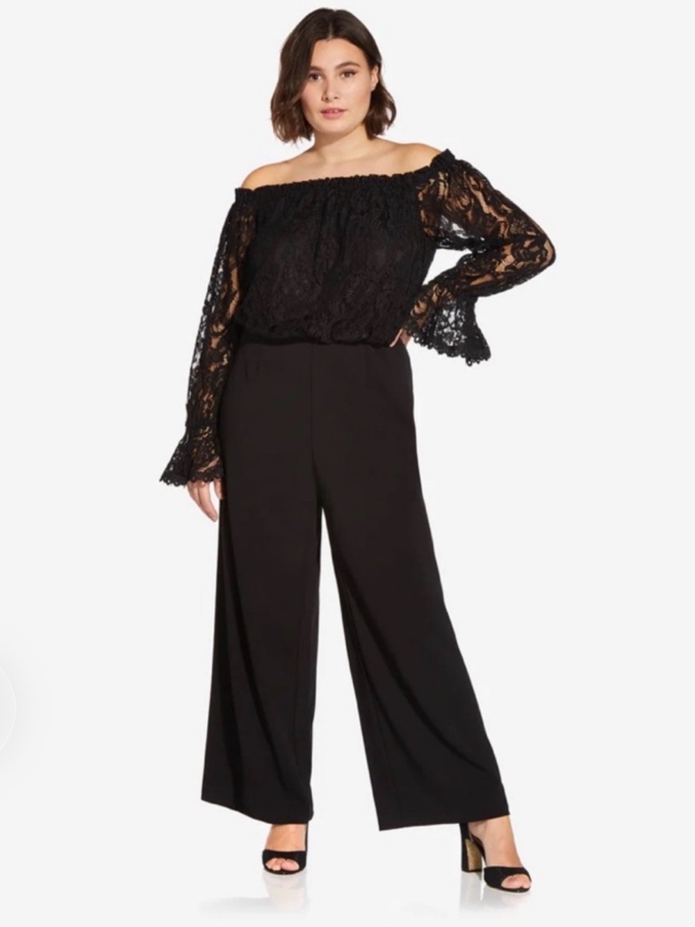 Off-Shoulder Lace Bodice Black Wide-Leg Jumpsuit